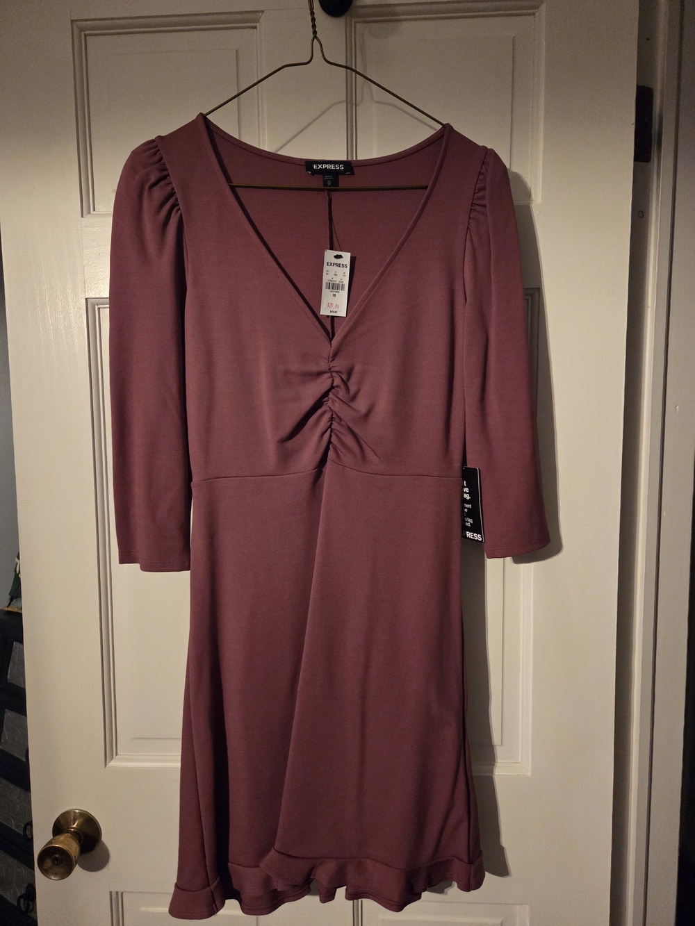 Express Dusty Mauve Ruched V-Neck Long Sleeve Dress